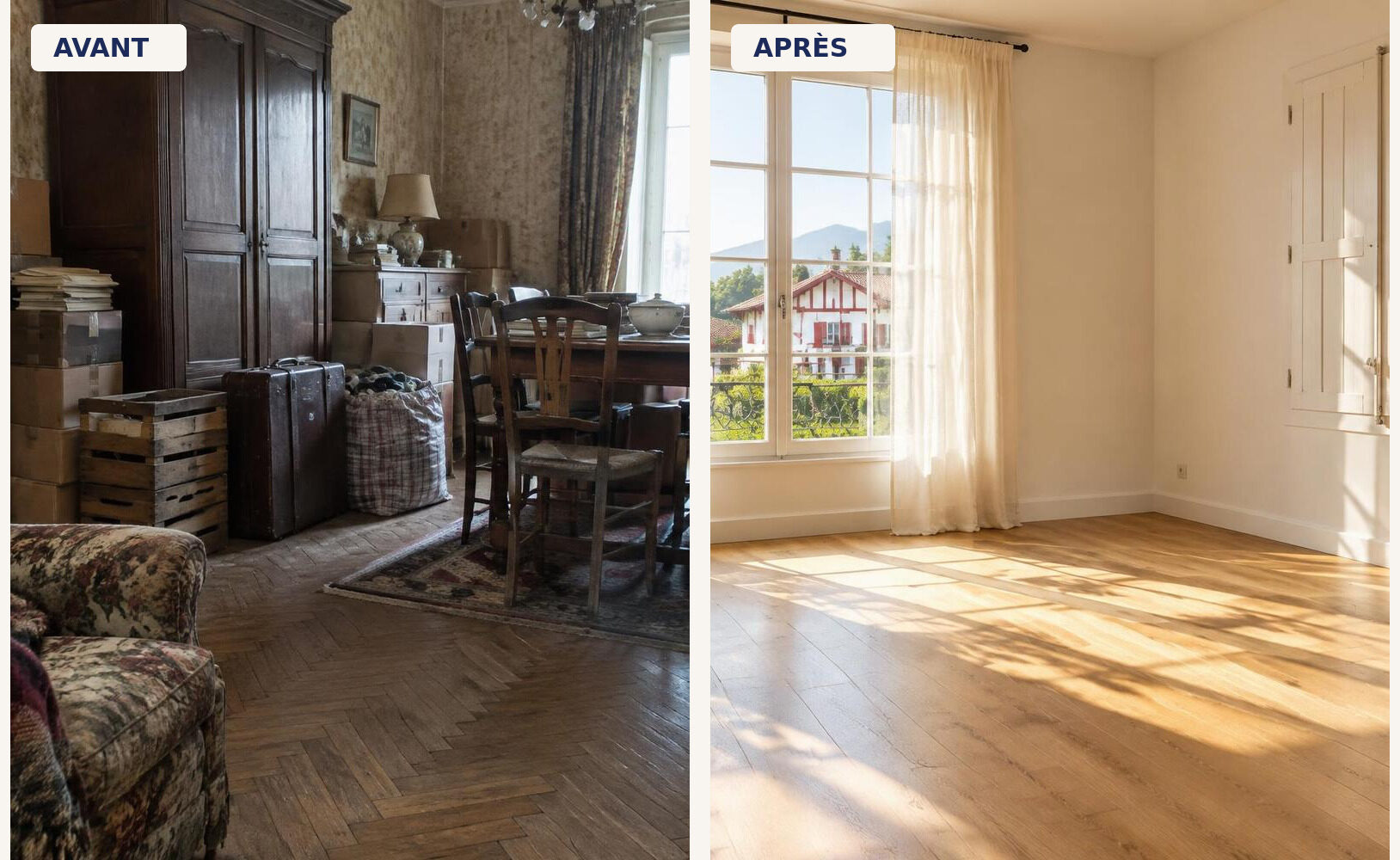 Avant/après d'un vide maison à Bayonne : pièce encombrée puis entièrement vidée et nettoyée