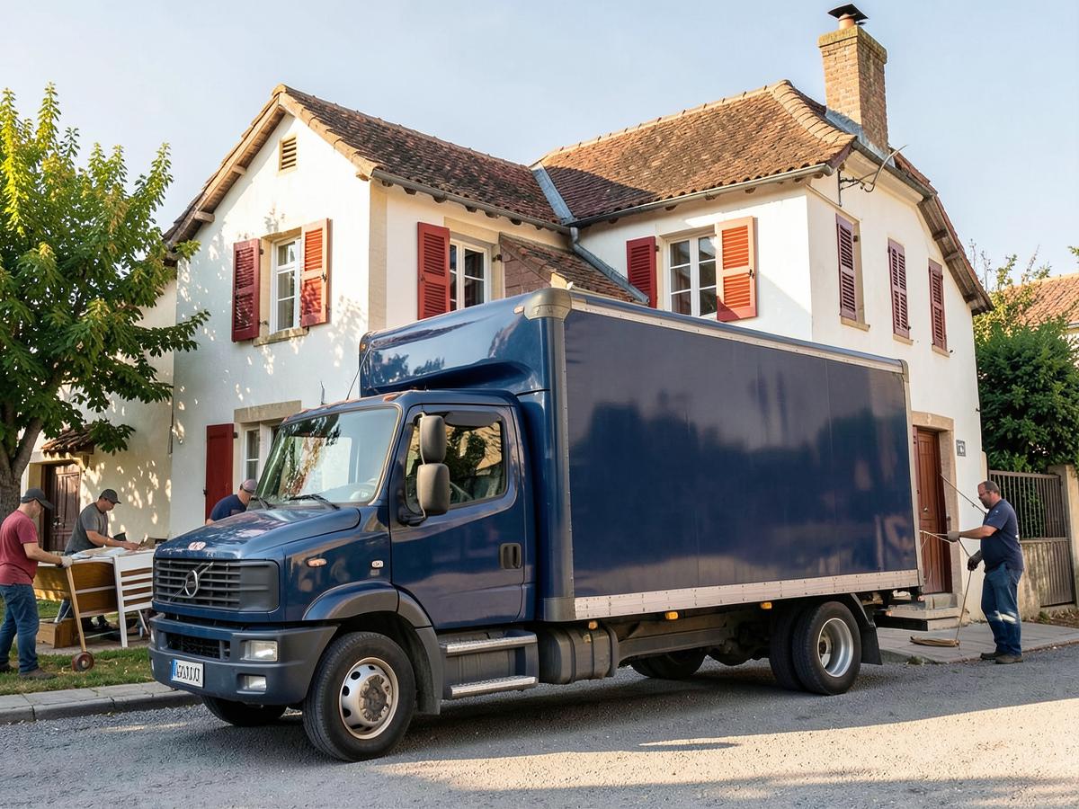 Camion d'enlèvement devant une maison basque lors d'un vide maison à Bayonne