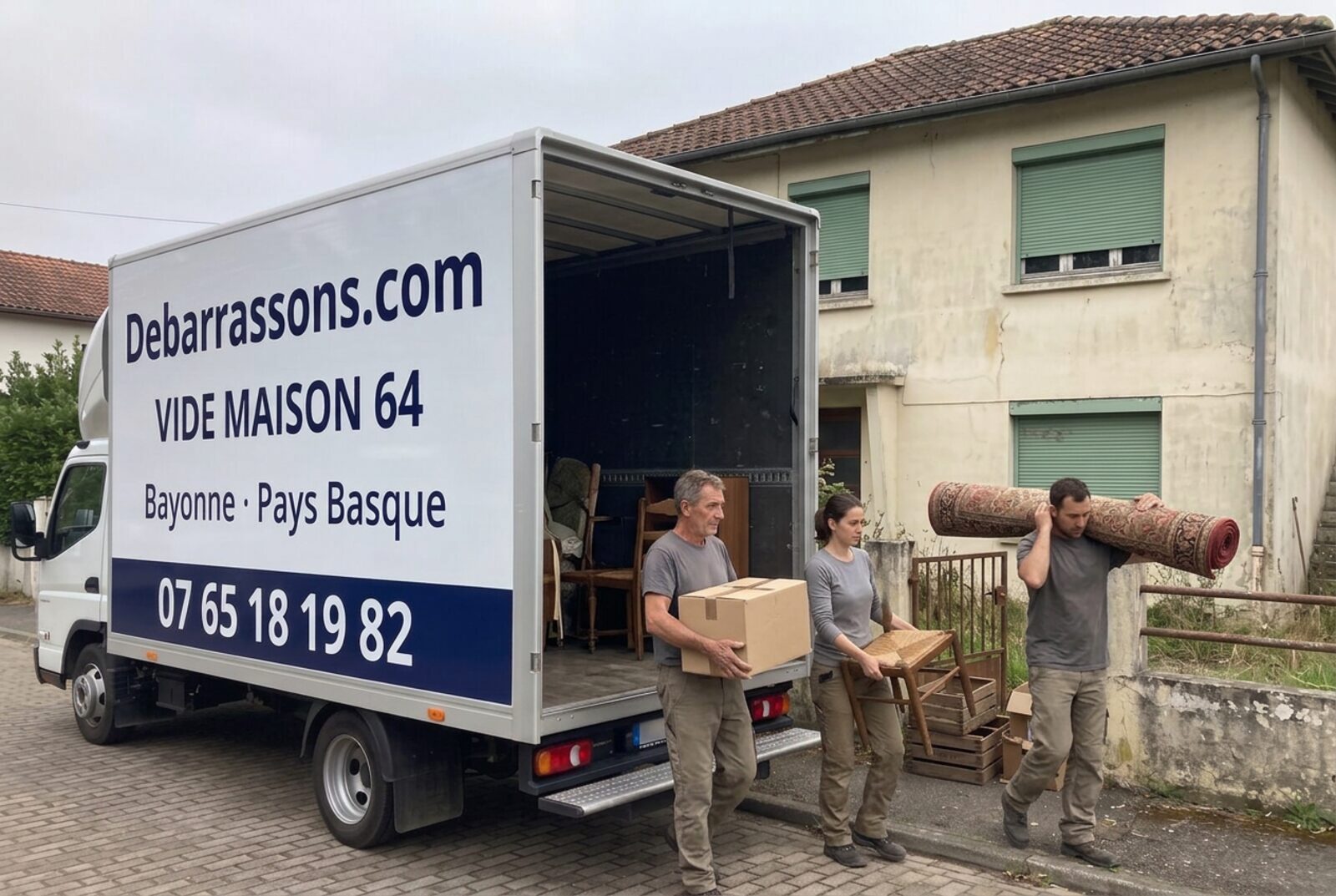 Équipe de débarras portant cartons, chaise et tapis vers le camion Debarrassons.com devant une maison ancienne à Bayonne